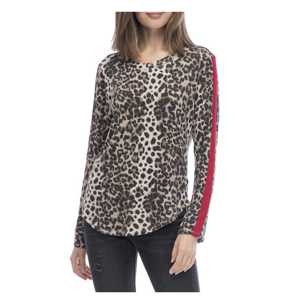 Bobeau Women's Long Sleeve Cheetah Animal Print Knit Top Red Stripe Size M